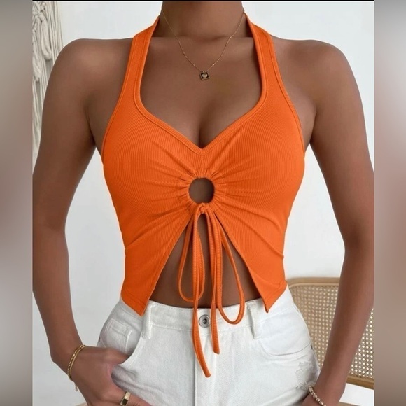 O-RING Ruched knot Slit Front Halter Top - Picture 1 of 3
